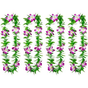 Boland Hawaii krans/slinger - 4x - Tropische kleuren mix groen/paars - Bloemen hals slingers