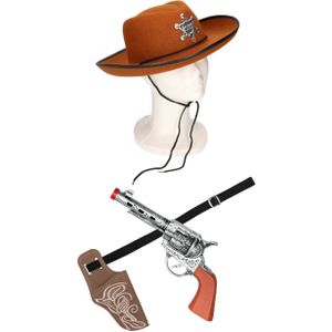 Verkleed cowboy hoed bruin/holster met een revolver voor kinderen - carnaval