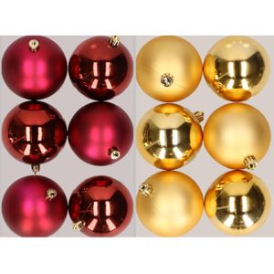 12x stuks kunststof kerstballen mix van donkerrood en goud 8 cm - Kerstversiering