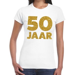 50 Jaar gouden glitter verjaardag t-shirt wit dames - dames shirt  50 Jaar -  Sarah kleding