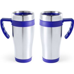 2x stuks rVS thermosbeker/warmhoud koffiebekers blauw 500 ml - Isoleerbekers/reisbekers