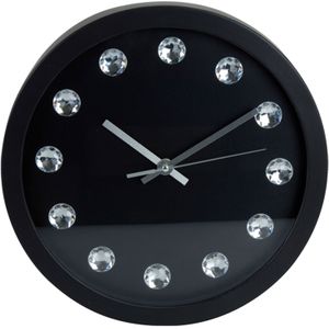 Excellent Houseware Wandklok - met diamanten - zwart - 30 cm - voor kamer