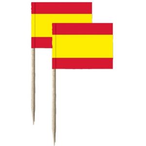 150x Cocktailprikkers Spanje 8 cm vlaggetje landen decoratie - Houten spiesjes met papieren vlaggetje - Wegwerp prikkertjes