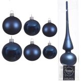 Groot pakket glazen kerstballen donkerblauw glans/mat 50x stuks - 4-6-8 cm incl piek mat 26 cm