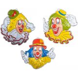 Carnaval/party decoratie borden  - 3x Clown hoofden - wand/muur versiering - 50 x 50 cm - plastic