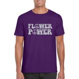 Toppers in concert Paars Flower Power t-shirt peace tekens met zilveren letters heren - Sixties/jaren 60 kleding