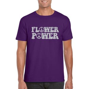 Toppers in concert Paars Flower Power t-shirt peace tekens met zilveren letters heren - Sixties/jaren 60 kleding