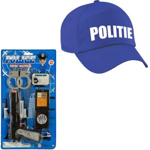 Carnaval verkleed speelgoed politiepet blauw voor kinderen met accessoires pistool/handboeien