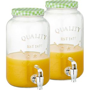 Set van 2x stuks glazen drankdispensers/limonadetap met groen/wit geblokte dop 3,5 liter - Tapkraantje