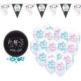 Gender reveal party versieringen pakket geboorte jongen grote prik-ballon/ballonnen he or she/vlaggetjes