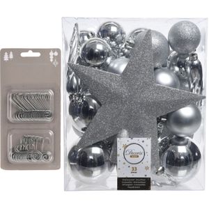33x stuks kunststof kerstballen 5, 6 en 8 cm zilver inclusief ster piek en kerstbalhaakjes - Kerstversiering - Onbreekbaar