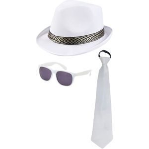 Carnaval verkleedset Men in white - hoed/zonnebril/party stropdas - wit - heren/dames - verkleedkleding accessoires