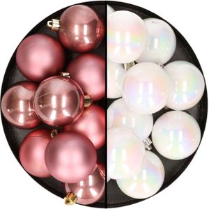 24x stuks kunststof kerstballen mix van velvet roze en parelmoer wit 6 cm - Kerstversiering