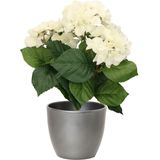 Hortensia kunstplant met bloemen wit - in pot zilver metallic - 40 cm hoog