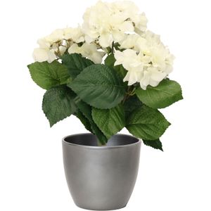 Hortensia kunstplant met bloemen wit - in pot zilver metallic - 40 cm hoog
