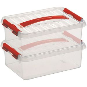 2x Sunware Q-Line opberg boxen/opbergdozen 4 liter 30 x 20 x 10 cm kunststof - platte/smalle opslagbox - Opbergbak kunststof transparant/rood