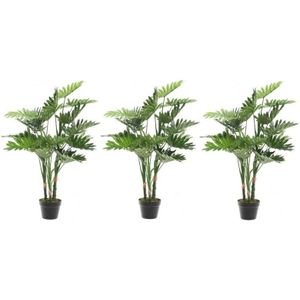 3x Groene Philodendron Monstera/gatenplant kunstplant 100 cm in zwarte plastic pot - Kamerplant kunstplanten/nepplanten