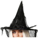 Halloween heksenhoed - met sluier  - one size - zwart - meisjes/dames - verkleed hoeden