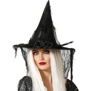 Halloween heksenhoed - met sluier  - one size - zwart - meisjes/dames - verkleed hoeden