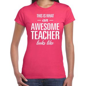 Bellatio Decorations cadeau t-shirt dames - awesome teacher - lerares bedankje - juffendag - roze