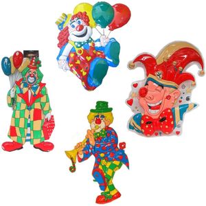 Carnaval versieringen pakket - 4x grote plastic wand decoratie clowns