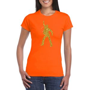 Bellatio Decorations disco verkleed t-shirt voor dames - oranje - gouden glitter - jaren 70/80