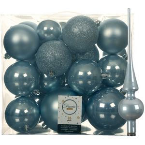 Kunststof kerstballen met glazen piek - lichtblauw - 27-delig