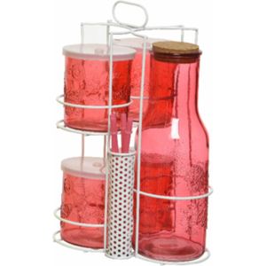 Rode karaf/sapkan/schenkkan 1 liter met 4 mason jars en rietjes - Drinkset - Mason Jars