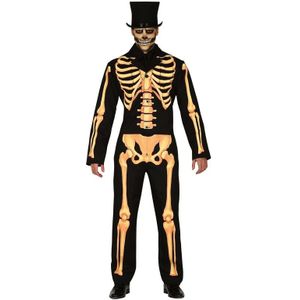 Zwart/oranje skelet verkleed kostuum voor heren - Halloween/horror pak met geraamte/botten print