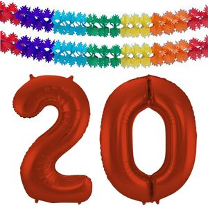 Folat folie ballonnen - Leeftijd cijfer 20 - rood - 86 cm - en 2x slingers