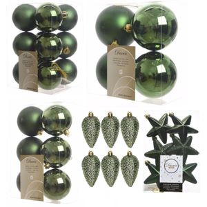 Kerstversiering kunststof kerstballen/hangers donkergroen 6-8-10 cm pakket van 68x stuks - Kerstboomversiering