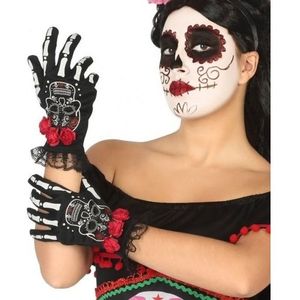 Horror skelet handshoenen met doodskop en roosjes voor dames - Day of the Dead/Halloween verkleed accessoire