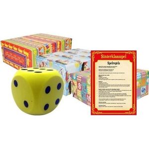 Sinterklaas spel gele dobbelsteen en 3x inpakpapier rollen - Pakjesavond Sinterklaasspel dobbelstenen en cadeaupapier set