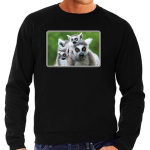 Dieren sweater met maki apen foto - zwart - voor heren - natuur / ringstaart maki cadeau trui - kleding / sweat shirt