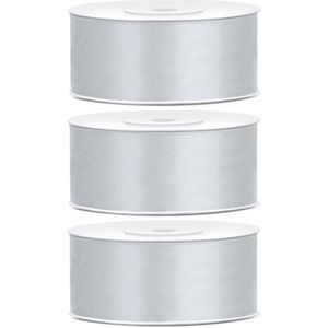 3x Hobby/decoratie zilveren satijnen sierlinten 2,5 cm/25 mm x 25 meter - Cadeaulinten satijnlinten/ribbons - Zilveren linten - Hobbymateriaal benodigdheden - Verpakkingsmaterialen