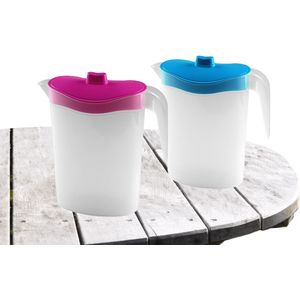 2x stuks waterkan/sapkan/limonadekan karaf met deksel en inhoud 1.5 liter kunststof roze en blauw