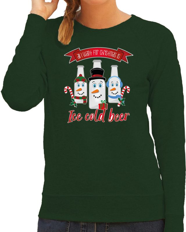 Bellatio Decorations foute kersttrui/sweater dames - IJskoud bier - groen - Christmas beer