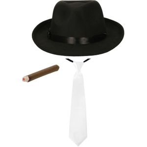 Gangster/Maffia/Capone verkleed set hoed - zwart - met witte stropdas en dikke vette nep sigaar