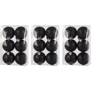 18x Zwarte kunststof kerstballen 6 cm - Glitter - Onbreekbare plastic kerstballen - Kerstboomversiering zwart
