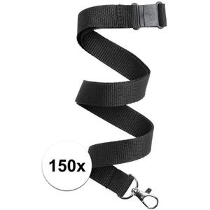 150x Zwart keycord/lanyard met karabijnhaak sleutelhanger 50 cm - Polyester keycords/sleutelkoord