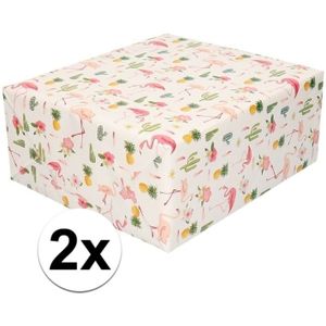 2x Inpakpapier/cadeaupapier tropische print roze flamingo 200 x 70 cm per rol - kadopapier/cadeaupapier/papier