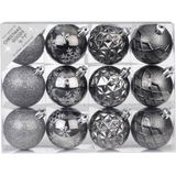 36x stuks luxe gedecoreerde kunststof kerstballen antraciet mix 6 cm - Onbreekbare kerstballen - Kerstversiering