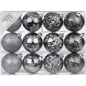 36x stuks luxe gedecoreerde kunststof kerstballen antraciet mix 6 cm - Onbreekbare kerstballen - Kerstversiering