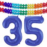 Folat folie ballonnen - Leeftijd cijfer 35 - blauw - 86 cm - en 2x slingers