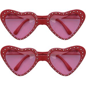 Faram Party - Zonnebrillen - 2x stuks - Hippie Flower Power - hartjes glazen - rood
