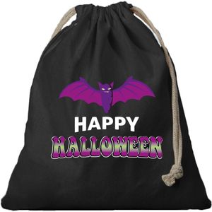 1x Vleermuis / happy halloween canvas snoep tasje/ snoepzakje zwart met koord 25 x 30 cm - snoeptasje halloween