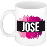 Jose  naam cadeau mok / beker met roze verfstrepen - Cadeau collega/ moederdag/ verjaardag of als persoonlijke mok werknemers