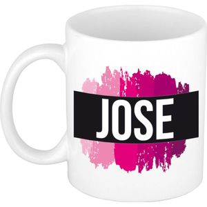 Jose  naam cadeau mok / beker met roze verfstrepen - Cadeau collega/ moederdag/ verjaardag of als persoonlijke mok werknemers