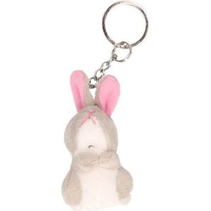 2x Pluche grijze konijn/haas knuffel sleutelhanger 6 cm - Speelgoed dieren sleutelhangers