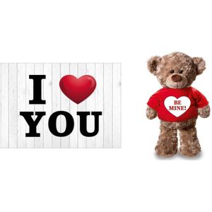 I Love You Valentijnskaart met Be Mine knuffelbeer 24 cm - Valentijnsdag producten